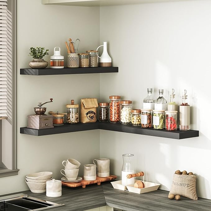 RALGEND Floating Shelves for Wall, 1.5" Thick Wall Shelf Set of 3 with Invisible Brackets, 23.6L x 7.9W Hanging Book Shelves Farmhouse Home Decor for Bathroom, Living Room, Bedroom, Black 6301BJP3BK