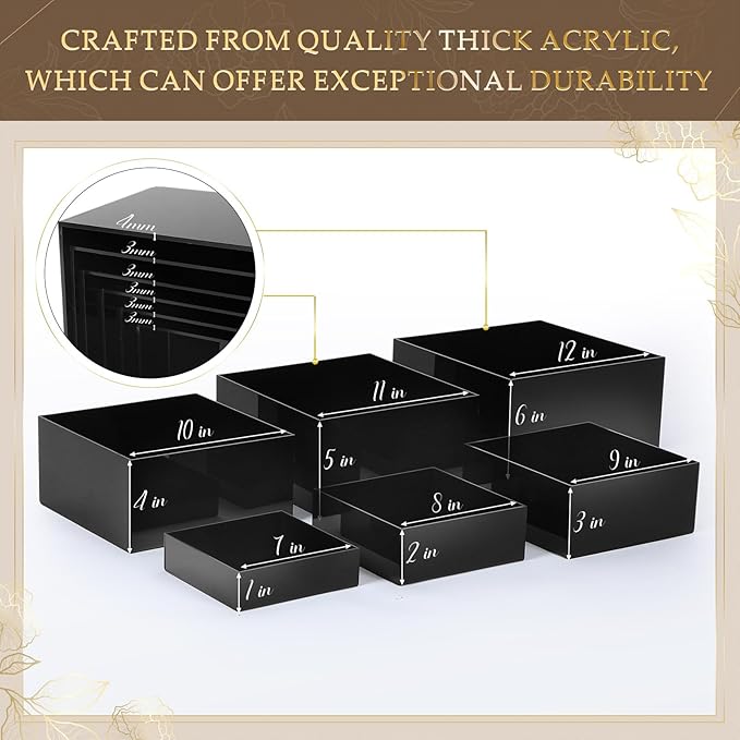 Geelin 6 Pack Acrylic Risers for Display Acrylic Cube Boxes Risers Display Stands with Hollow Bottoms Decorative Stand for Jewelry Candy Table Decor 6 Sizes(Black,7 to 12 Inch,Square)