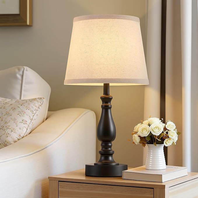 Lamp for Bedroom Set of 2 - 19" Small Bedside Table Lamps with Rotary Swithch - Modern Lamps for Living Room Night stands - Desk Lamps for Home Office End Tables with Fabric Linen shade for Reading