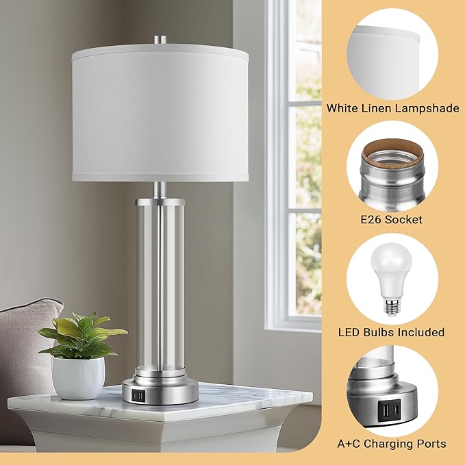 QiMH Touch Control Table Lamps Set of 2 with USB A+C Ports, 3-Way Dimmable Bedside Lamp for Living Room Bedroom House, Modern Nightstand Lamp with 2 LED Bulbs
