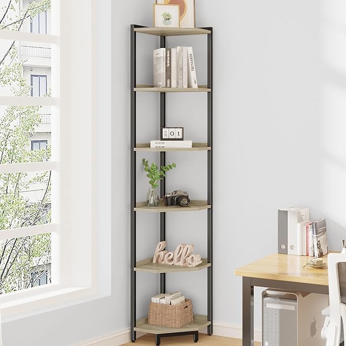 Hzuaneri Corner Shelf Stand, Corner Bookshelf, Storage Standing Shelf Unit with Metal Frame, Plant Stand, Bookcase for Living Room, Home Office, Bedroom, 6-Tier Greige CS06005B