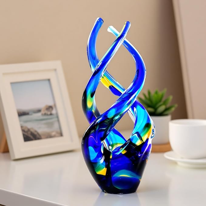 Hand Blown Glass Decor - Cobalt Blue Glass Sculpture - Ocean Theme Spiral Kinetic Figurine, Light Reactive Gradient Decor for Home Office Garden, Ideal Gift for All Occasions