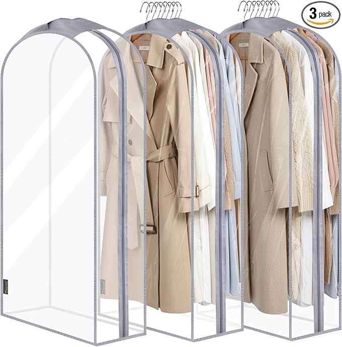 BALEINE 48'' Clear Garment Bags, 10.5'' Wide PEVA Suit Bag for Closet Clothes Dresses Suit Coats Storage (Clear, 3PK)