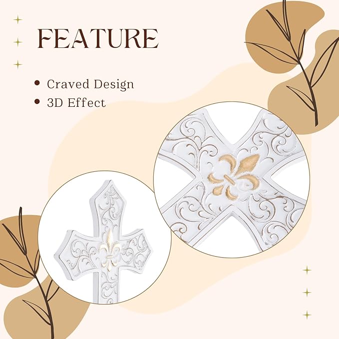 TRENDIN Gold Cross for Wall, Rustic Wooden Cross with Fleur de Lis, Decorative Hanging Christian Wall Art for Home, Living Room, or Bedroom, Distressed White
