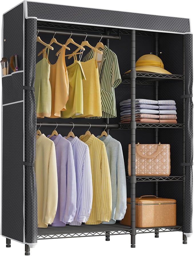 VIPEK V7C Garment Racks with Cover Portable Closets for Hanging Clothes, Heavy Duty Clothes Rack with Shelves Metal Closet Wardrobe, Max 670lbs, Black Rack with Black Upgraded Polyester Cover