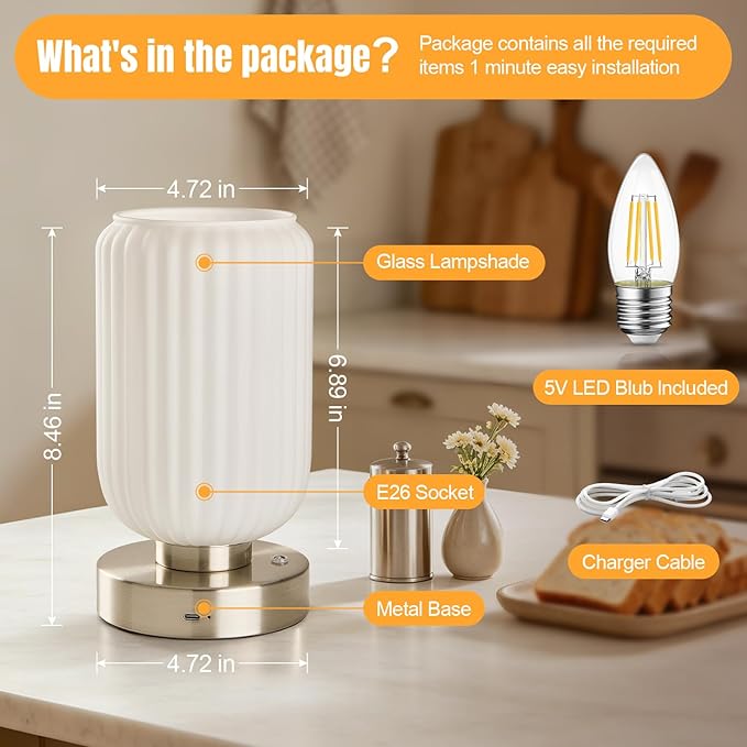LightRound Cordless Table Lamp for Bedroom, 7500mAh Rechargeable Small Battery Lamp, Modern Touch Dimmable Wireless Lamp Brushed Nickel Base White Glass Shade for Living Room, Desk, Led Bulb Included