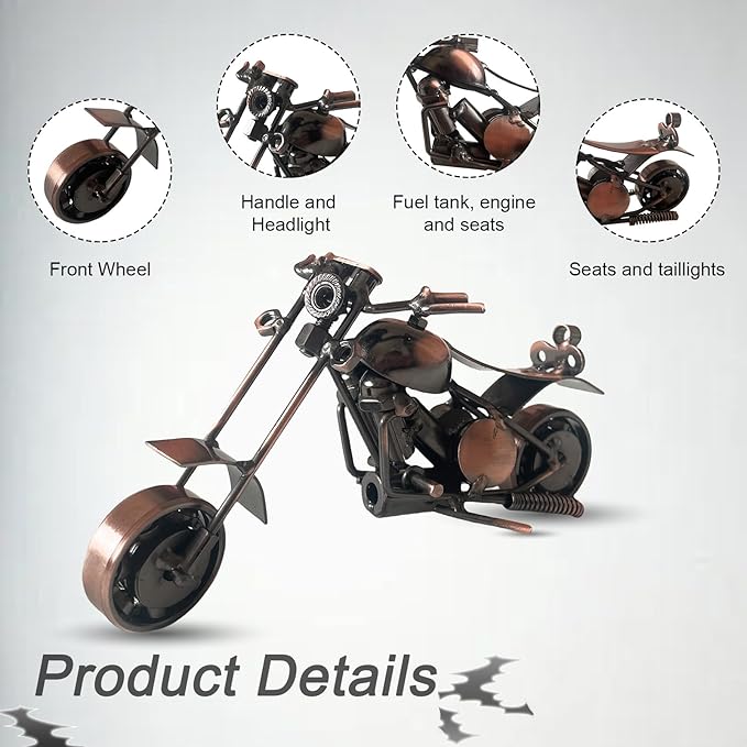 Metal Motorcycle Decor, Copper Chopper Motorcycle Figurine,5.9”x3.5”Unique Iron Motorcycle Sculpture,Cool Home Office Desk Decor,Art Gift Vintage,Christmas Birth Gift for Men Boyfriend Husband