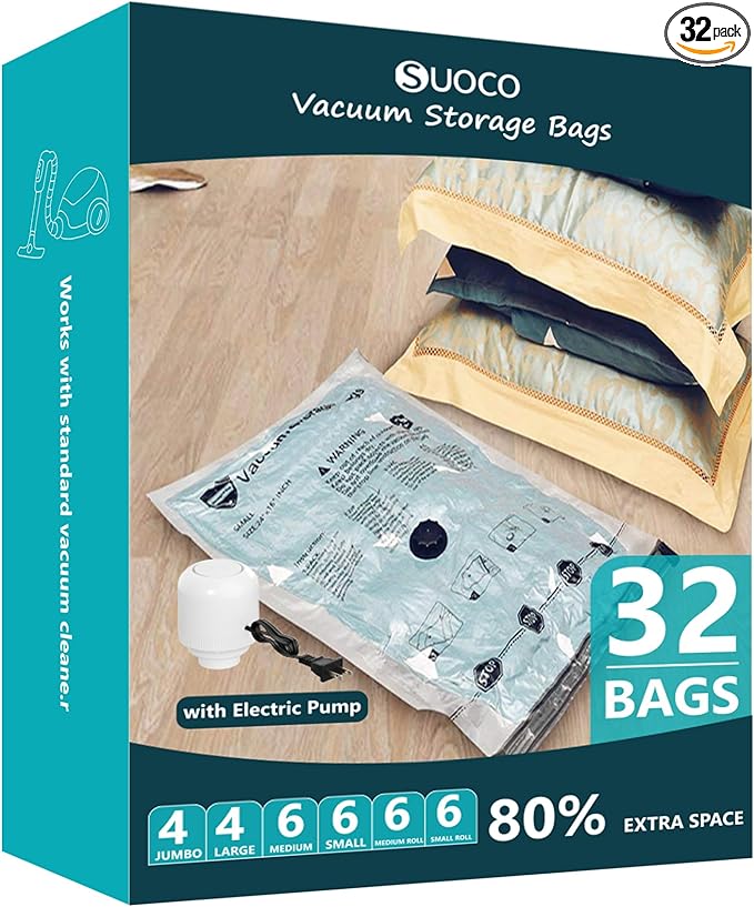 Travel Vacuum Storage Bags with Electric Pump, Space Saver Seal Compression Packing Bags for Clothing Bedding Comforters Blankets Pillows Clothes, 32 Combo