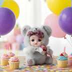 8 Inch Hand-Painted Porcelain Face Doll with Plush ＆ Acrylic Cotton Body, Mini Kawaii High-Color Makeup Ceramic Doll for Room Decor, Birthday Gifts, Collectible ，Name Kira (Grey)