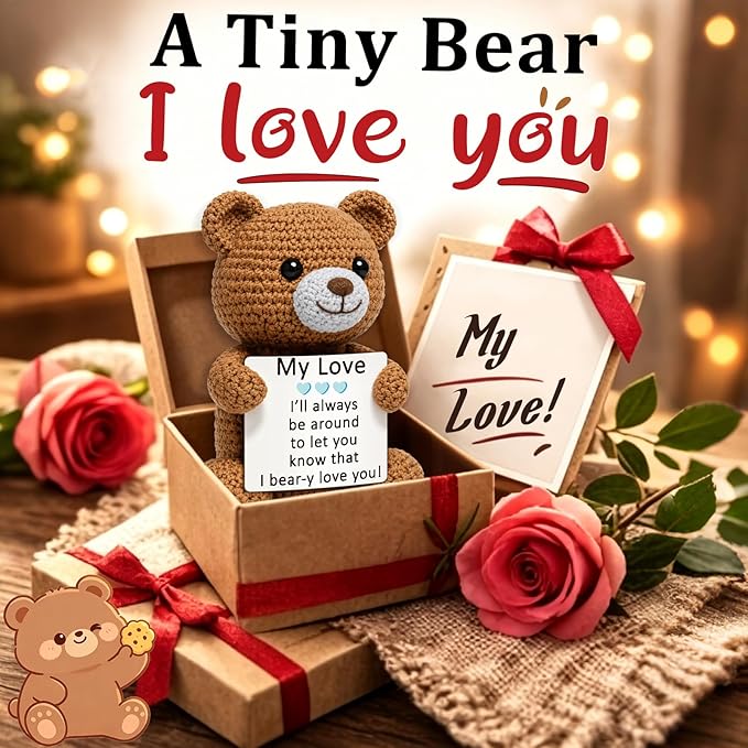 WELLBANEE My Love Gifts for Him Her, Positive Crochet Bear Gift for Husband Wife Boyfriend Girlfriend, Romantic Birthday, Handmade Emotional Bear