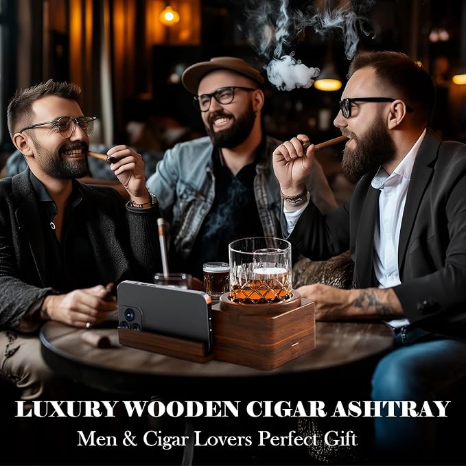 Father Day Gifts Wood Cigar Ashtray Cigarettes Ashtrays for Indoor Outdoor Patio Home Office Use Square Wooden Brown Cigar Ash Tray Father s Day Gift Ideas for Men with GIFT BOX (with drawer)