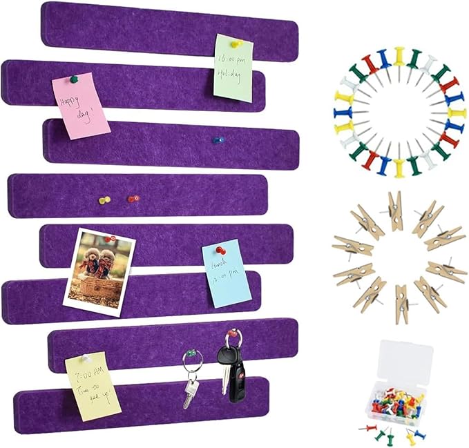 Vuzvuv 8 pcs Bulletin Board Bar Strips with 50 Pushpins & 10 Wooden Clip pins，Self Adhesive Cork Board for Wall，Felt Pin Board for School，Office Decor(Purple)