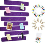 Vuzvuv 8 pcs Bulletin Board Bar Strips with 50 Pushpins & 10 Wooden Clip pins，Self Adhesive Cork Board for Wall，Felt Pin Board for School，Office Decor(Purple)
