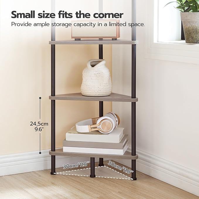 HOOBRO Corner Shelf Stand, Industrial 6-Tier Corner Bookshelf with Metal Frame, Plant Display Shelf, Bookcase for Small Spaces, Living Room, Greige and Black BG36CJ01