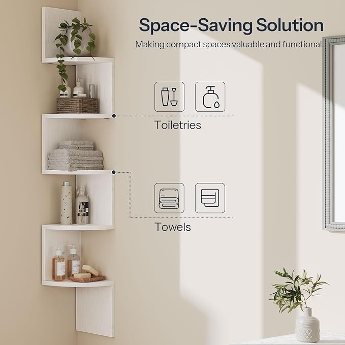 HOOBRO Corner Shelf Wall-Mounted, Set of 2 Floating Corner Shelves for Wall, 5-Tier Corner Bookshelves for Living Room, Bedroom, Bathroom, Home Office, White WT26BJP201