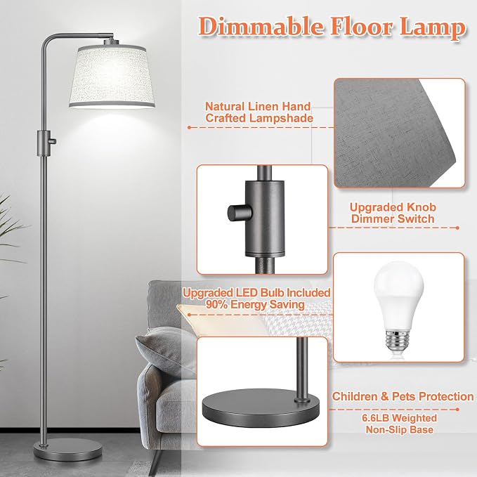 【Upgraded】 Dimmable Floor Lamp, 1000 Lumens LED Edison Bulb Included, Arc Floor Lamps for Living Room Modern Standing Lamp with Linen Shade, Tall Lamps for Living Room Bedroom Office Dining Room-Grey