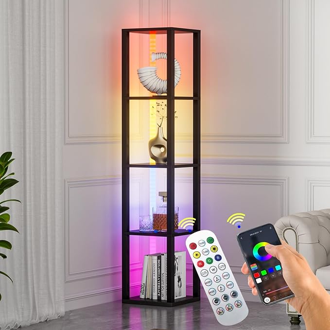 VILICK Corners Shelf with Light 5 Tier Tall Standing Shelf Dimmable Corner Floor Lamp with Shelves LED Corner Bookshelf Display Cabinet Shelf for Living Room, Bedroom, Home Decor