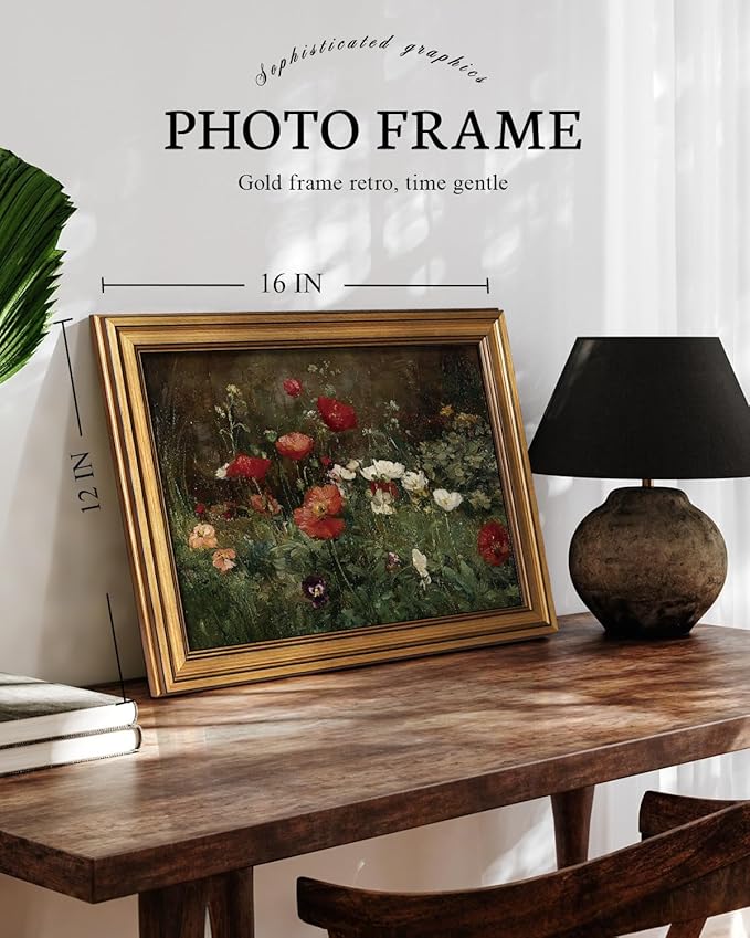 VIYYIEA Vintage Gold Framed Wall Art for Living Room, Flowers Canvas Prints Home Decor, Oil Painting Picture, Bedroom Wall Decor Gifts for Friends or Family -【Poppies】-(16L x 12W)