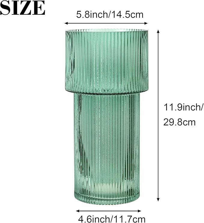 Large Glass Vase, 12 Inches Tall Vase for Flowers, Green Flower Vases for Bouquet, Modern Green Glass Vases for Living Room, Dining Table, Office, Entryway, Mantle, Shelf, Wedding Gifts