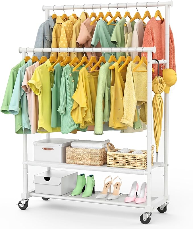 Double Rods Clothes Rack for Hanging Clothes, Heavy Duty Rolling Clothing Rack with Wheels, Freestanding Garment Racks with Oxford Bottom Shelf and Mesh Bottom Shelf for Bedroom Laundry Living Room