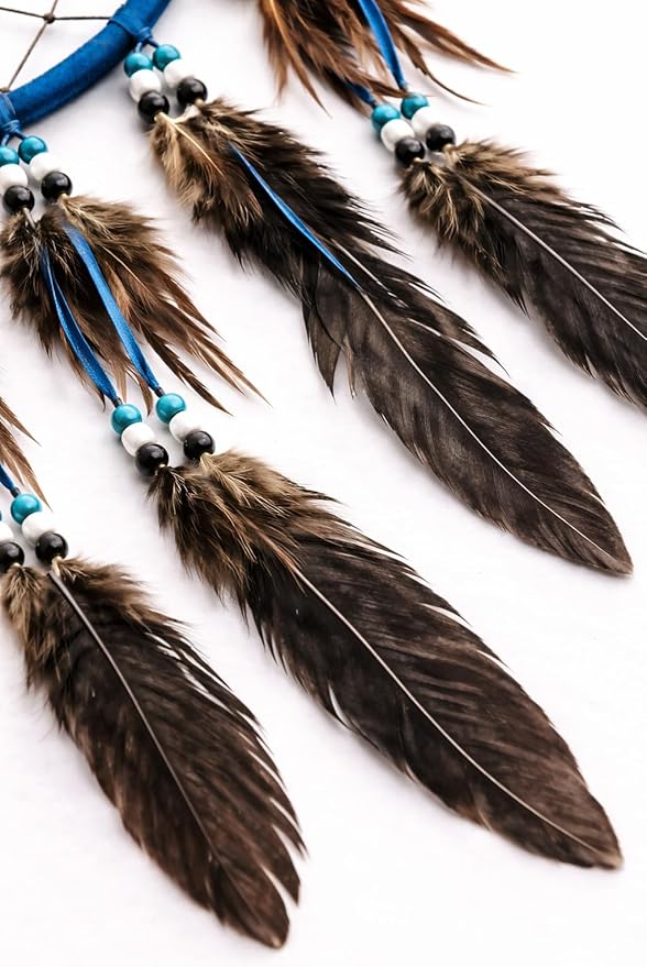 OMA Large Blue Dream Catcher with Turquoise Stones and Feathers, Traditional Dreamcatcher for Bedroom, Living Room, Dorms & Gift - Size – 28” x 9”