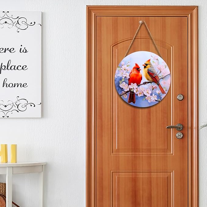 Harooni Spring Cardinal Door Wreaths, Wooden 12x12 inch Door Hanger with Floral Design, Farmhouse Wall Sign for Home Yard Garden Decoration
