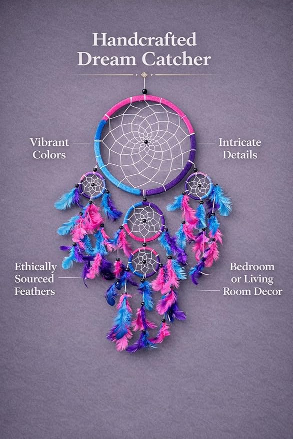 OMA Large Dream Catcher Wall Decor – Tie Dye Dream Catcher with Purple, Turquoise & Pink Feathers for Bedroom, Living Room, Dorms & Gift, Size - 9” x 30”