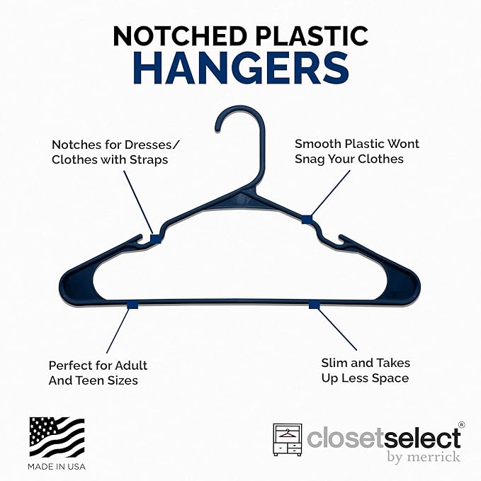 Plastic Hangers 50 Pack - Space Saving Clothes Hangers, Made in USA, Durable & Strong Plastic Shirt & Coat Hanger with Notches & Shoulder Grooves, Non-Slip Hangers | Blue Sapphire
