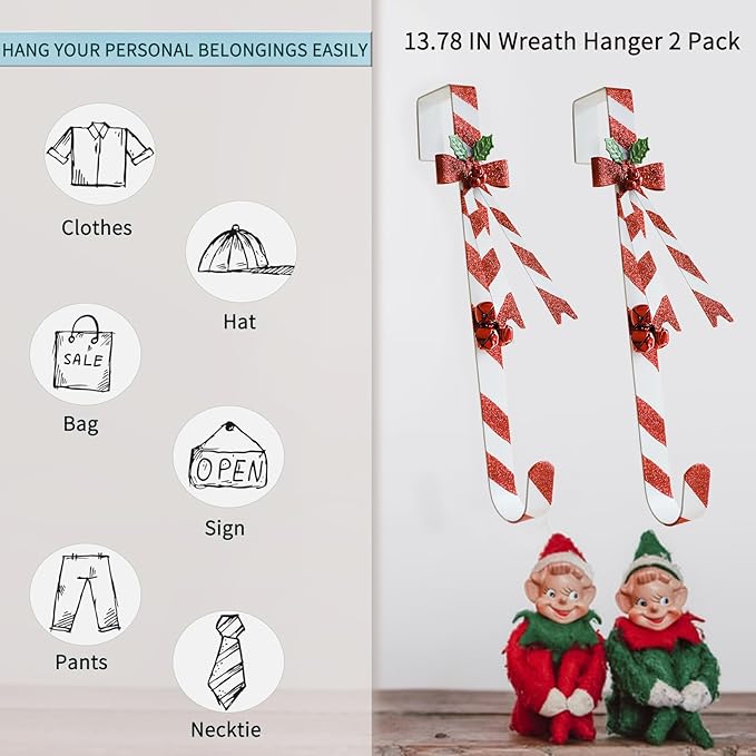2 Pack Candy Cane Wreath Hangers for Front Door,Christmas Decoration Metal Over The Door Wreath Hanger Ornament,Door Wreath Hanger
