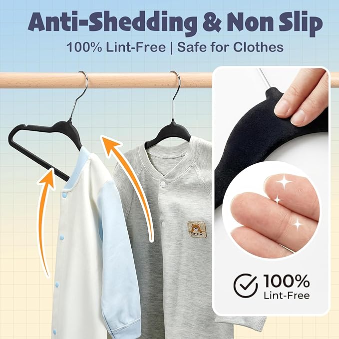 HOUSE DAY 11 Inch Velvet Baby Hangers 100 Pack Black, Premium Kids Hangers for Children, Infant & Toddler Clothes, Durable Non Slip Small Baby Felt Hanger for Closet, Ideal for Everyday Use