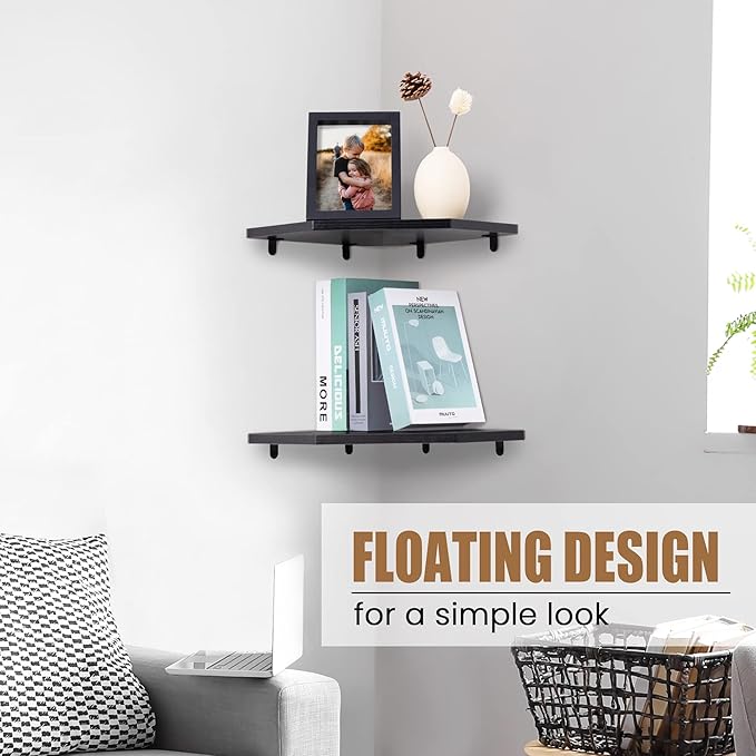 Fun Memories Corner Shelf Wall Mount, Floating Corner Shelves, Set of 2 Corner Wall Shelf Organizer, Rustic Wood Wall Storage Display Shelves for Living Room Bedroom Bathroom Kitchen, Classic Black
