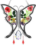 KY&BOSAM Butterfly Suncatcher Gifts for Mom Stained Glass Butterfly for Windows Hangings Wind Chime Ornament Pressed Rearl Flower Wings and Crystal Charm Birthday Gift for Mom Mother`s Day Christmas