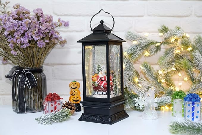 Wondise Lighted Musical Snow Globe Lantern with 6 Hour Timer, 12 Inches USB Powered & Battery Operated Spinning Water and Swirling Glitter Christmas Snow Globe Lantern Gifts(Santa Claus and Sleigh)