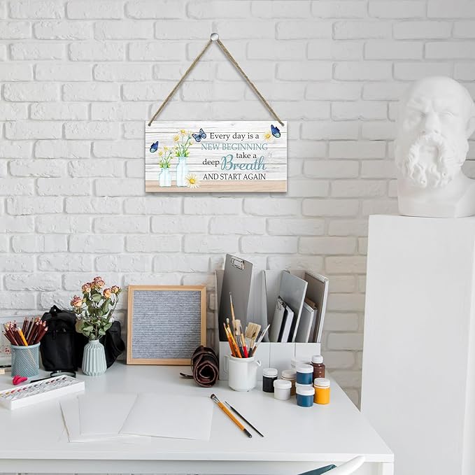 Motivational Inspirational Gift for Women Butterfly Decor Wood Hanging Sign, Wood Home Office Decor Sign Wall Plaque, Wall Art for Bedroom Wall Shelf Living Room, Everyday Is A New Beginning -21