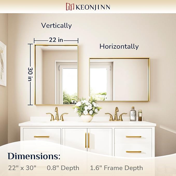 Keonjinn Brushed Shiny Gold Bathroom Mirror 22 x 30 Inch, Rectangle Gold Vanity Mirror for Wall, Aluminum Alloy Metal Framed, Modern Farmhouse, Square Corner, Brass Mirrors for Over Sink