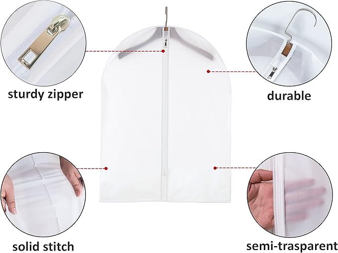 MsKitchen12Pack Short Garment Bags (24x32") - Dustproof Covers for Kids Clothes - Durable PEVA Storage Bags with Sturdy Zipper for Dance Costumes, Tops & Folded Pants (Translucent)