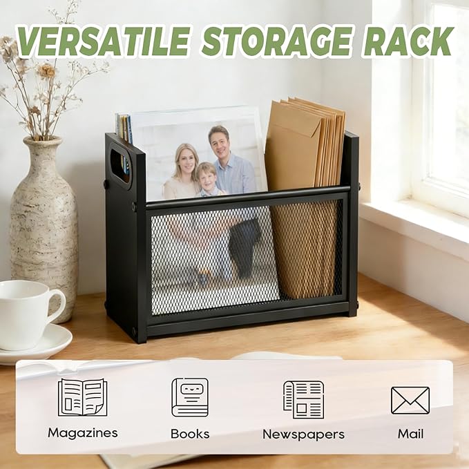 Magazine Rack & Holder, Mesh Magazine Rack Floor, Multi-Purpose Storage Organizer for Magazines, Books, Newspapers, Mail, Tablets | Magazines Storage Basket for Home, Office, Bathroom, Black Walnut