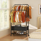 Furologee Clothing Racks for Hanging Clothes, Portable Rolling Garment Rack, Sturdy Metal Freestanding Clothes Rack with Wheels, Double Rods Wardrobe Racks for Bedroom Laundry Living Room