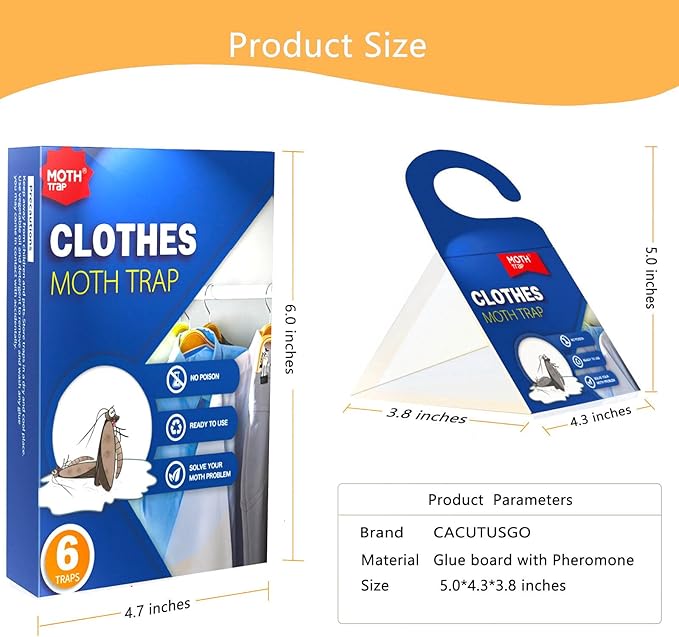 【𝐇𝐢𝐠𝐡𝐥𝐲 𝐄𝐟𝐟𝐞𝐜𝐭𝐢𝐯𝐞】 Clothes Moth Traps with Extra Strength Pheromone Attractant -NonToxic Sticky Glue for Closet and Carpets Bearing Webbing Moths, 6 Pack