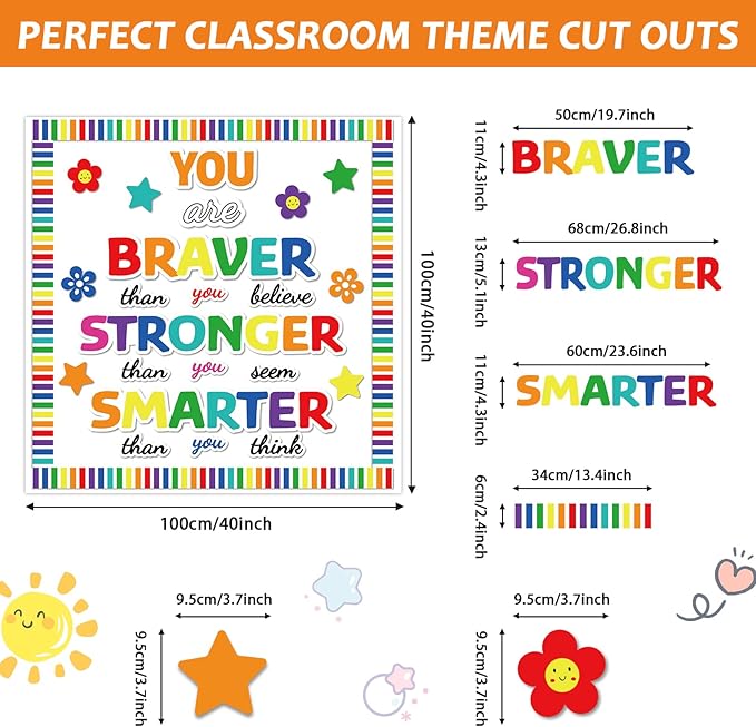 Classroom Bulletin Board Decoration Set Welcome Banner Wall Door Decor Colorful Classroom Decorations for Kindergarten Preschool Elementary Middle School (Braver, Stronger, Smarter)