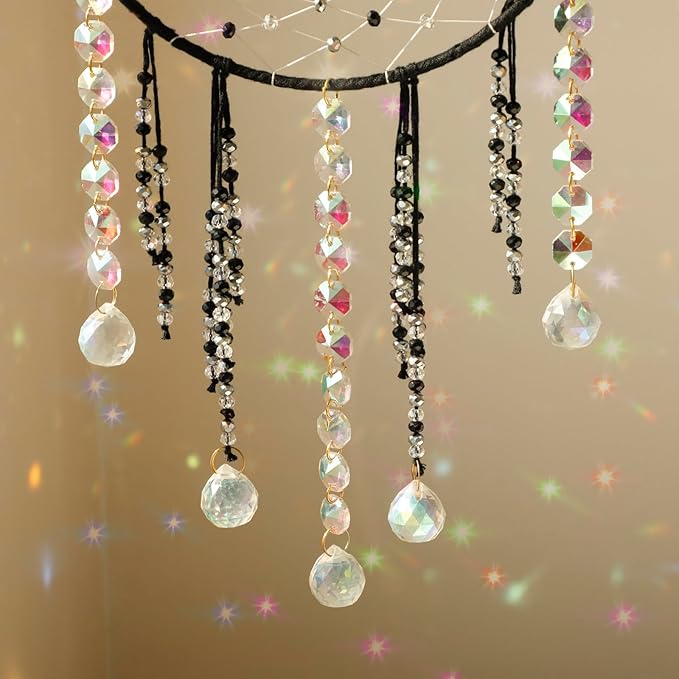 Artilady Crystal Dream Catchers Crystals - Large Black Boho Moon Dream Catcher Wall Decor House Decorations for Home Bedroom Room Decor Christmas Birthday Gifts for Girls Kids Adults
