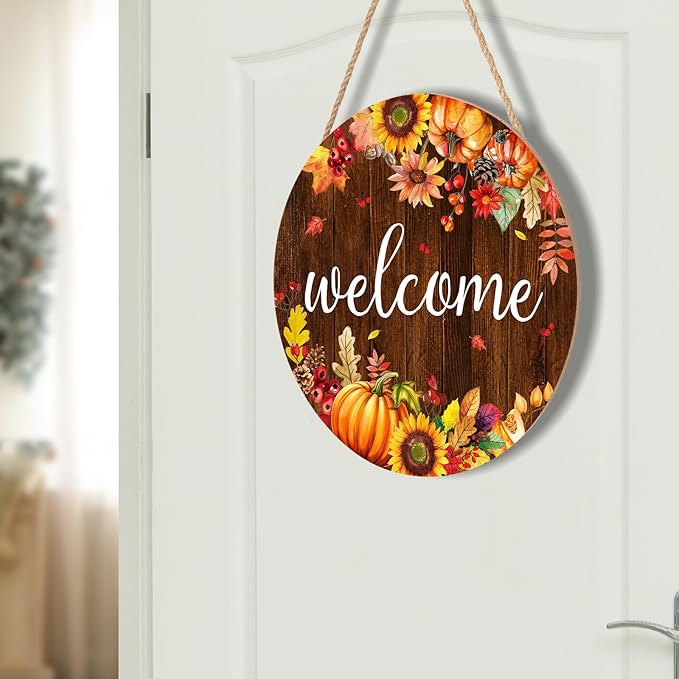 Fall Pumpkin Sunflower Front Door Welcome Hanger 12"x12" - Autumn Thanksgiving Farmhouse Decorations - Rustic Outdoor Hanging Plaque Wall Art for Home Porch