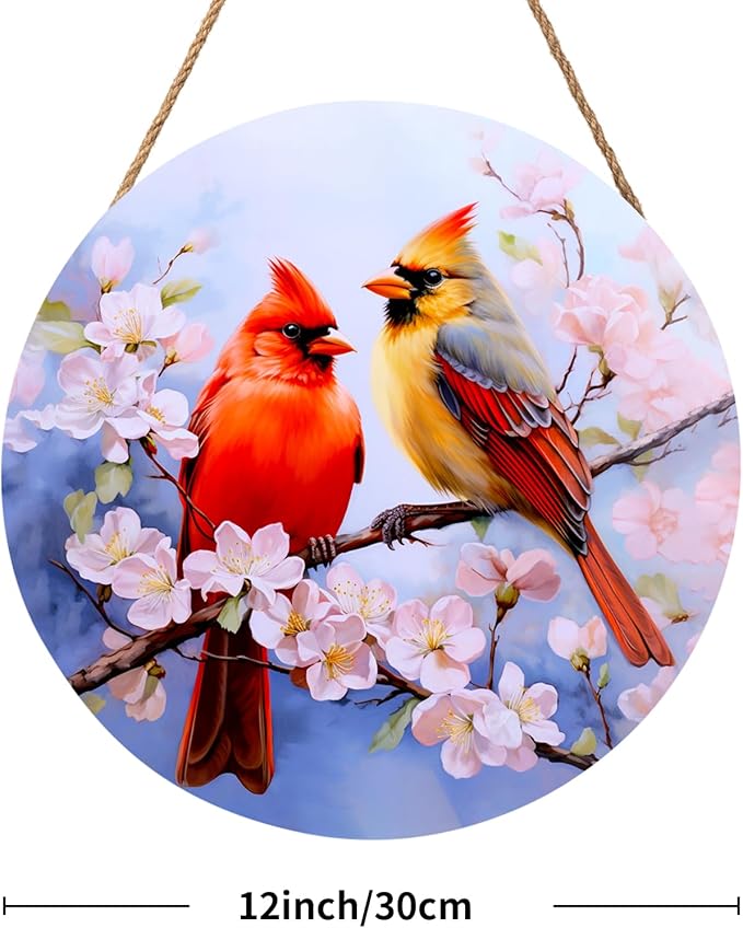 Harooni Spring Cardinal Door Wreaths, Wooden 12x12 inch Door Hanger with Floral Design, Farmhouse Wall Sign for Home Yard Garden Decoration