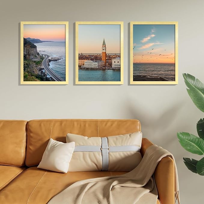 Vittanly 12x16 Picture Frames Set of 9, Shatter Resistant Plexiglass, Display 11x14 Pictures with Mat or 12x16 without Mat, Photo Frames for Wall Mount, Engineered Wood, Gold