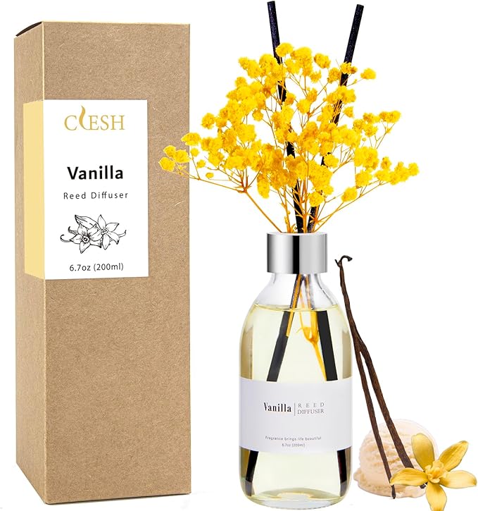 Clesh Reed Diffuser Set, 6.7 oz Vanilla Scented Diffuser with Sticks, Home Fragrance Reed Diffuser for Bathroom Shelf Decor