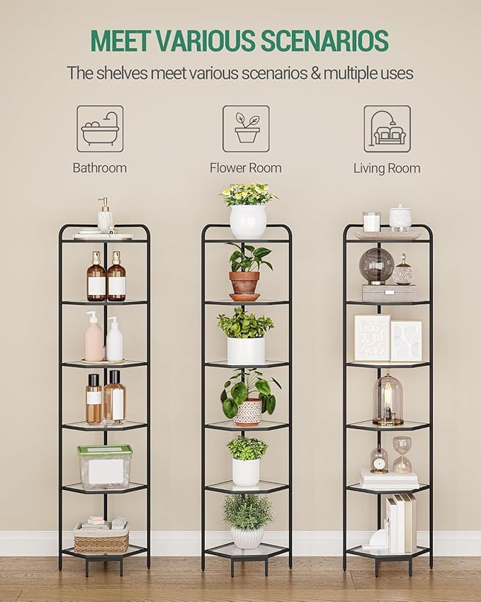 Hzuaneri Corner Shelf Stand, 6-Tier Glass Bookshelf Bookcase, Bathroom Organizer, Plant Stand, Steel Frame, Tempered Glass, Modern Style for Living Room, Bathroom, Kitchen, Black CS90600B