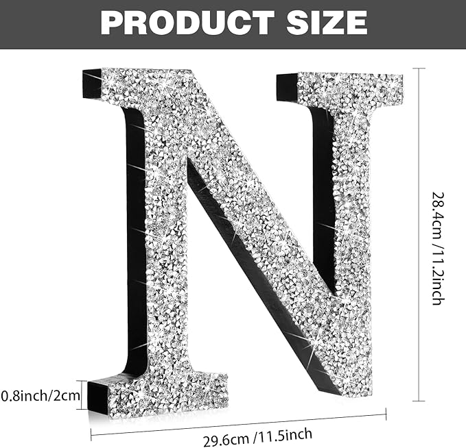 Qunclay 12'' Silver Crystal Diamond Bling Letters Crushed Diamond Decoration Wooden Glitter Letter with Screw and Hooks Rhinestone Gift for Wedding Y2k Mcbling Bedroom Wall Decor (Letter N)
