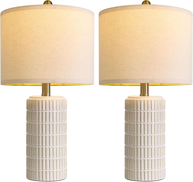 PoKat 20.75" Small Modern Ceramic Table Lamps Set of 2 for Bedroom, White Bedside Lamps for Night Stands, Farmhouse Desk Home Decor Gift Nightstand Table Lamps for Living Room End Table Beige