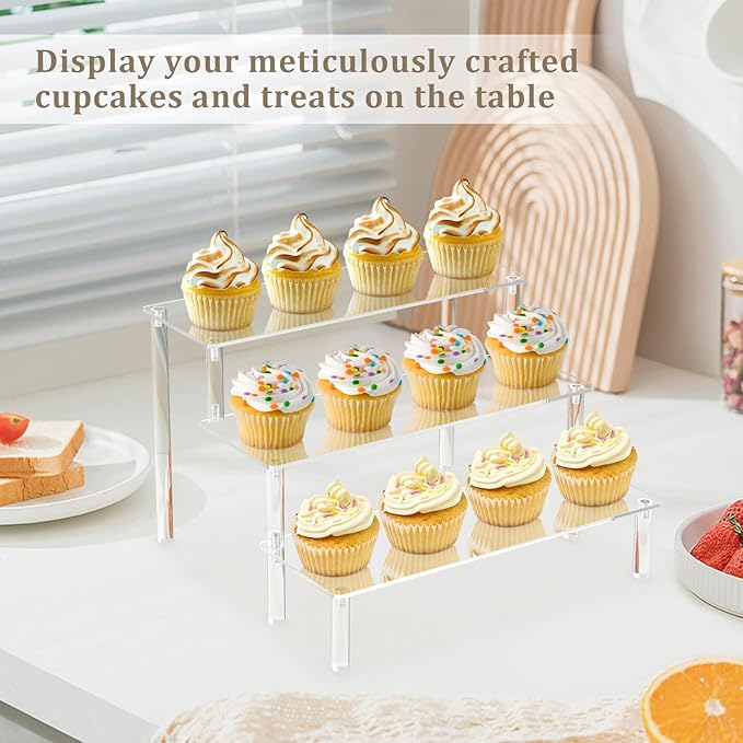 AZEAM Acrylic Riser,2 Pcs Clear Display Risers Stand Cologne Organizer Acrylic Shelves 3 Tier Shelf for Amiibo Funko POP Figures Cupcake Food Desserts Holder Perfume Collection Cosmetic Product