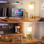 Innqoo Industrial Gold Table Lamps for Bedrooms Set of 2-3-Way Dimmable Desk Lamp with USB C+A Ports and Outlet, Gold Lamps with Opal Glass Shade for Living Room, Desk Lamps for Home Office